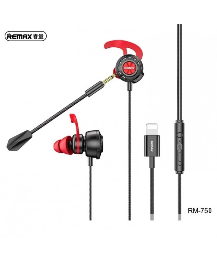 Remax RM-750 iPH Bass Boster Gaming Earphone With Built-In Microphone HD VOICE E-sports gaming Wire control Dual microphone pure copper High sound quality earphone